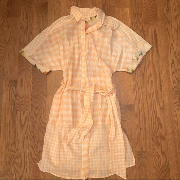 Maeve Felicia Peach Pink Plaid Floral Midi Short Sleeve Button Shirt Dress  XS - Picture 5 of 6